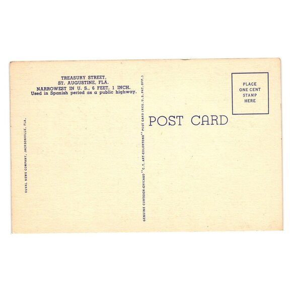 Vintage Treasury Street St Augustine Florida Narrowest Street Postcard SA 75 - Picture 2 of 2